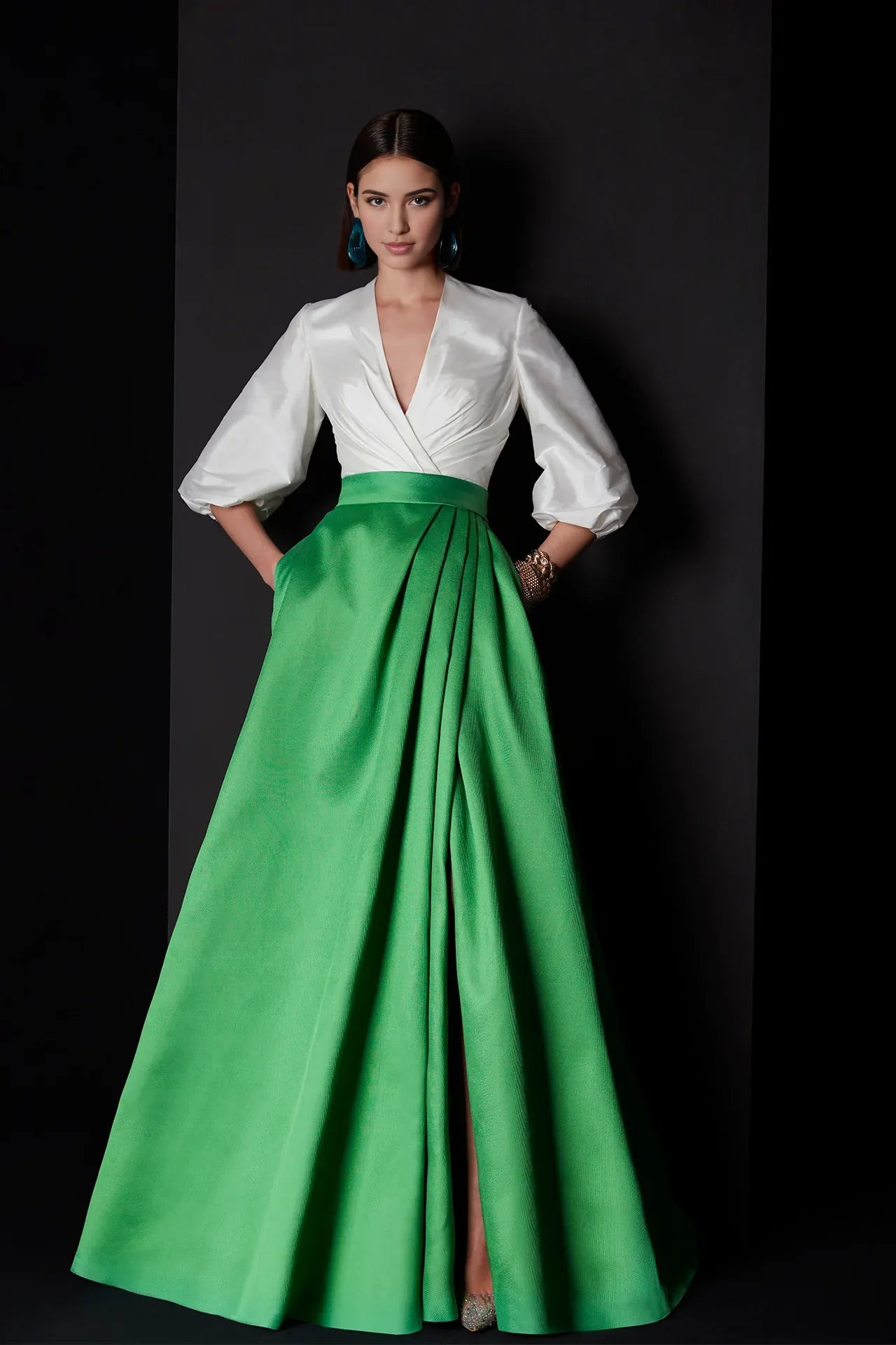 Prom Dresses Stores A-line V Neck Elegant 3/4 Long Sleeves Floor Length With Slit Prom Dress Formal Women's Dresses